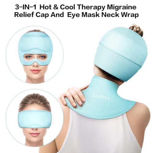 Image of 3 in 1 Migraine Cap with Eye Holes,Neck ice Pack wrap Cold Cap for migraines Hot and Cold Therapy Headache Relief Cap for Headaches, Stiff Neck,Eye Fatigue, Tension and Pain (Light Blue)