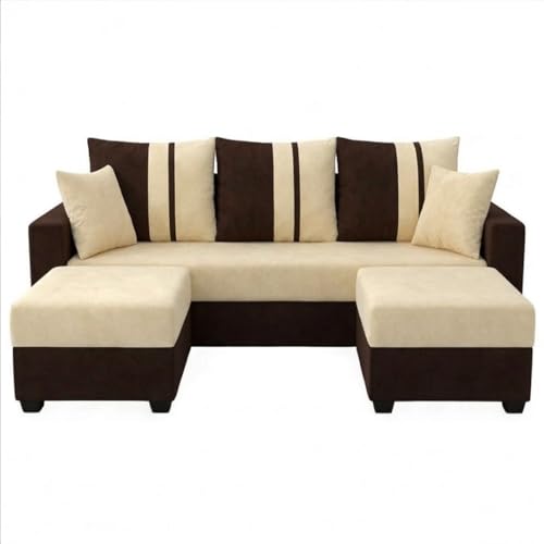 Image of Zenix 5 Seater L Shape Sofa Set with 2 Movable Ottomans | Flexible Layout | Rich Velvet Suede Fabric | Silver Legs | Spacious Seating | Modern Sofa for Living Room (Dark Brown-Cream)