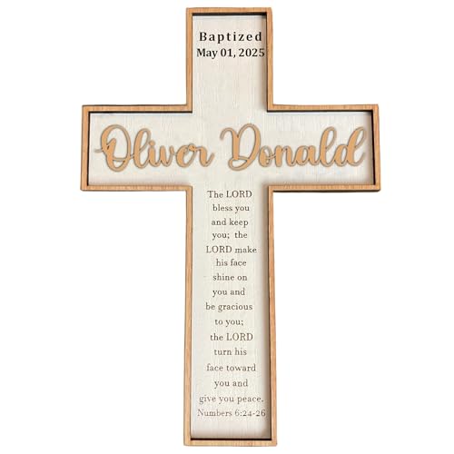 Image of Godashop Personalized Baptism Cross Wood Sign, Wooden Sign Baptism Gifts For Baby, Christening Gifts Crosses for children, Baptized Cross Sign, Dedication Gift - A5