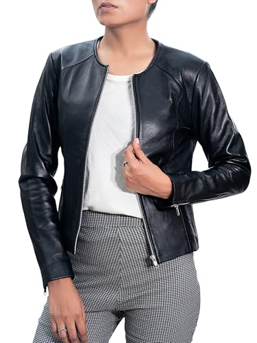 Jild Stylish Collarless Leather Jacket Women – Slim Fit Elegant Style Womens Lightweight Lambskin Leather Jacket