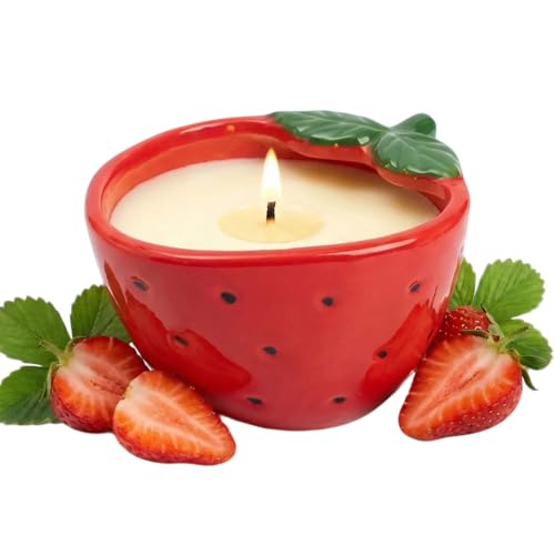 GroseMell Strawberry Scented Candle 4.23 oz (120g) Natural Soy Wax 30-Hour Clean Burn Strawberry-Shaped Ceramic Jar Home Fragrance & Thoughtful Gift for Home (Red)