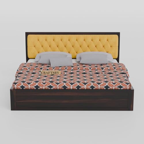 Image of Solid Sheesham Wood King Size Bed with Box Storage | Yellow Upholstered Cushion Headboard | Wooden Double Bed for Bedroom | Cot /Palang /Mancham | Walnut Finish