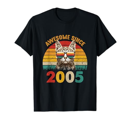 20th Birthday Vintage Cat Gift 20 Years Awesome Since 2005 Maglietta