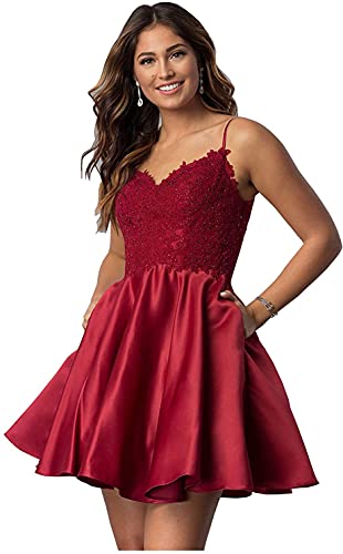 Women s Short Beaded Lace Appliques Satin Homecoming Dress with Pockets Evening Gown Burgundy Size 16