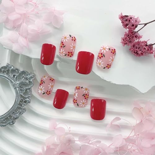 Image of Red Press on Nails Short Square Fake Nails Flower False Nails with Design Colorful Floral Stick on Nails Full Cover Glossy Acrylic Nails with Nail Glue Cute Artificial Nails for Women Manicure 24Pcs