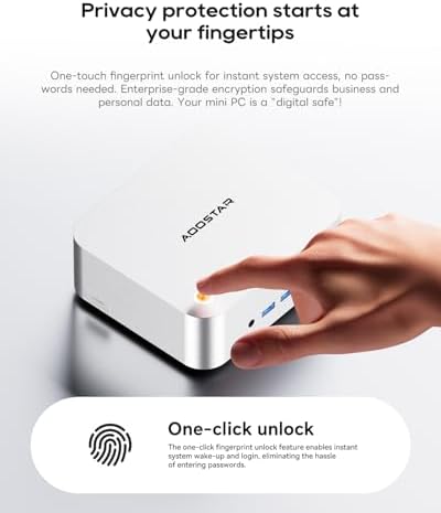 A lifestyle shot of the AOOSTAR MACO mini PC integrated into a professional quad-monitor workstation setup.