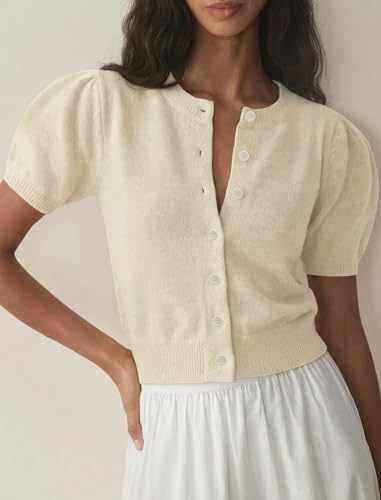 Image of Womens Puff Short Sleeve Cardigan Sweaters Cropped Button up Lightweight Y2k Knit Summer Cardigans