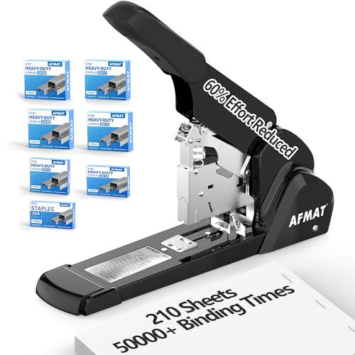 AFMAT Heavy Duty Stapler, 210 Sheet Staplers for Desk with 7000 Staples, Jam-Free, 50000+ Uses, 60% Reduced Effort, Easy Reload, Adjustable Paper Guide, Large Metal Manual Office Staplers, ES15