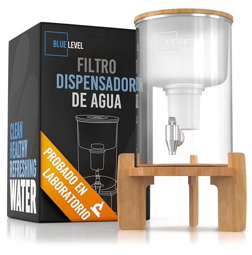 BLUE LEVEL - Filtro de Agua para Casa con Tanque de Vidrio 9 Litros y Cartucho de Carbón Activado Reemplazable - Purificador de Agua Para Casa, Remueve impurezas, Alcaliniza el...
