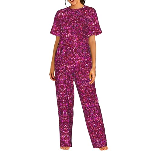 Pijama de manga corta de mujer conjunto con pantalón largo y estampado brillante