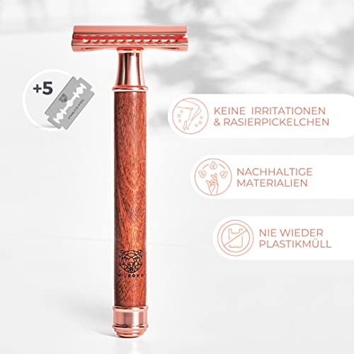 Foto von WLDOHO® Rasierhobel für Damen & Herren inkl. 5 Klingen I Nassrasierer aus Rosenholz I SINHA