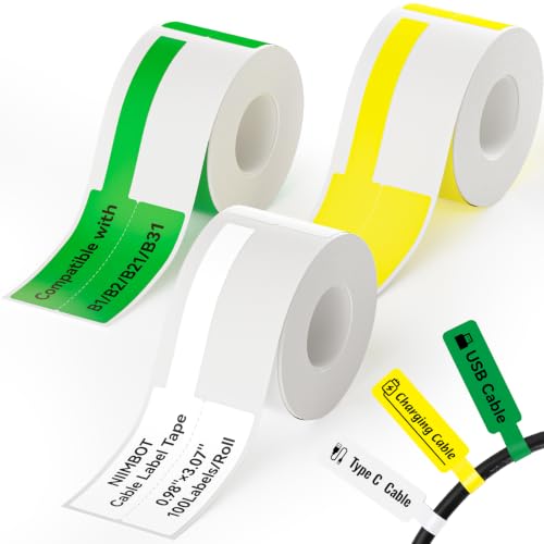 Image of NIIMBOT Cable Labels 3 Rolls Set for B1 /B21 /B2 /B31 Label Maker, 3 Colors | 25x78mm (0.98'' x 3.07'') 100 Labels /Roll, Refill Labeling Tape for Home School Office Small Business, White /Yellow /Green