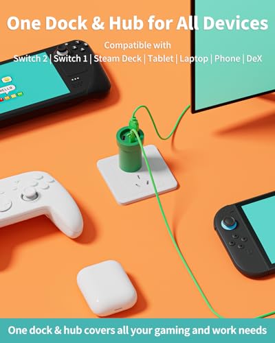 Image of POWKONG Switch 2 Charger Dock Portable Compatible with Nintendo Switch 2 /1 /OLED /Lite, 60W GaN Charging Dock&Hub, Docking Station for TV with 4K 60Hz HDMI /USB-C PD Fast Charging /USB 2.0-Green