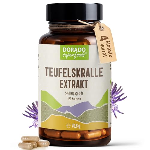 Teufelskralle Extrakt Kapseln Hochdosiert 490 mg 30:1 Extrakt pro Kapsel | Entspricht 14.700 mg Wurzel | 5% Harpagoside | 120 Vegane HPMC-Kapseln | 120 Tage Vorrat | Dorado Superfoods