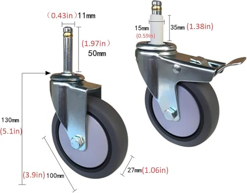 Wytrzymałe kółka skrętne 100 mm - nośność 280 kg - gumowe rolki do mebli, kuchni i stołu warsztatowego - Zestaw 4 sztuk z hamulcem (11 x 35 mm) dla optymalnej mobilności