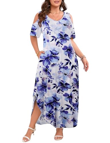 Image of JollieLovin Womens Plus Size Casual Summer Maxi Long Dress Cold Shoulder V Neck Beach Sundresses