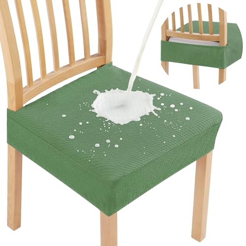 Image of Smiry Waterproof Seat Covers for Dining Room Chairs, No Rear Covers | Stretch Jacquard Removable Washable Chair Seat Slipcovers Protector, Set of 8, Green