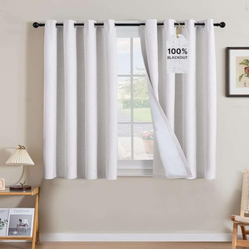 Image of H.VERSAILTEX Linen Curtains 100% Blackout Curtains for Bedroom 45 inch Long Full Light Blocking Nature Linen Blended Window Curtains for Living Room Nickel Grommet (2 Panels, Heathered White)