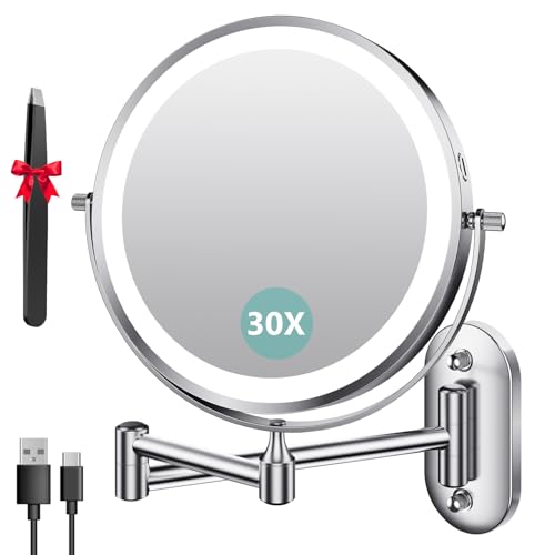 Auxmir Espejo Maquillaje con Luz Pared Aumento 1X/30X Recargable 3200mAh Doble Cara Giratorio 360, Espejo Baño Brazo Extensible Táctil USB, 3 Colores Brillo Regulable, Plata