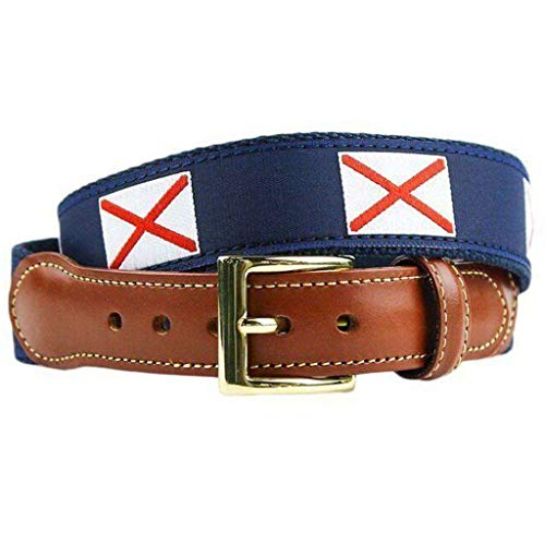 COUNTRY CLUB PREP Alabama Flag Leather Tab Belt in Navy on Navy Canvas