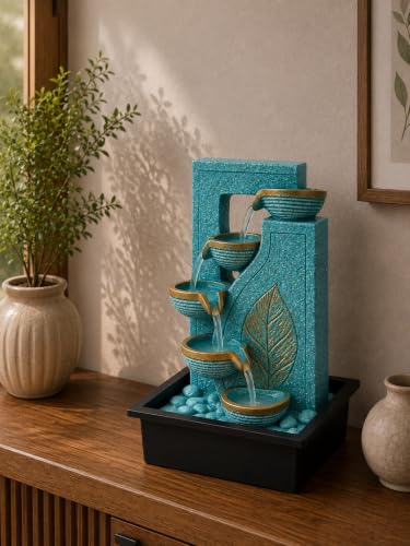 Image of eCraftIndia Tabletop Water Fountain with 5-Tier Cascading Water Flow, Leaf Design Indoor Decorative Fountain for Home, Living Room, Bedroom, Office & Meditation Decor