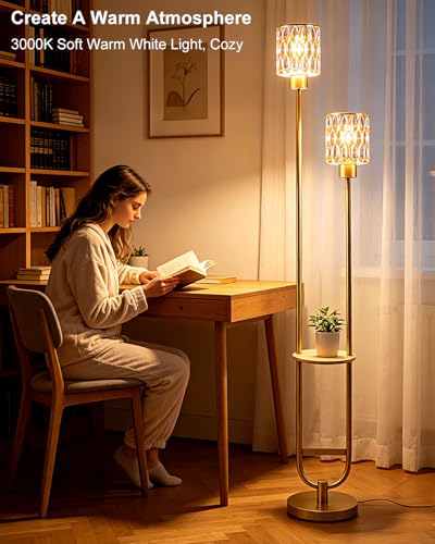 Image of Amber Glass Floor Lamp with Table Shelf, Modern Gold Standing Lamp, Tall Farmhouse Floor Lamp with Foot Switch & 3000K Warm White Bulb Included for Living Room Bedroom Home Office