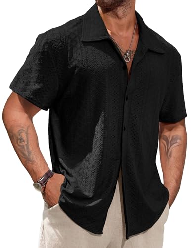 Vssjavun Mens Short Sleeve Button Down Shirts Casual Hollow Out Summer Beach Shirt
