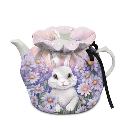 Cozeyat Easter Bunny Tea Cosy for Teapots Durable Insulated Purple Spring Flowers Printed Teapot Dust Cover with Drawstring Fits Most Tea Pots Home Kitchen Easter Decorations
