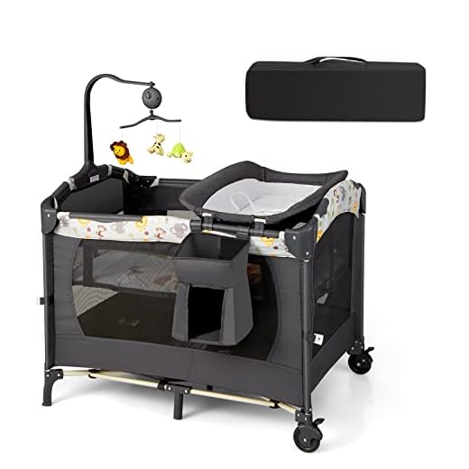 COSTWAY 4 en 1 Cuna de Viaje Plegable para Bebé con Colchón Cambiador, Parque Infantil Cuna bebe con 3 Juguetes, Caja de Música y Bolsa de Transporte, Cuna Bebe con Colecho (Gris Oscuro)
