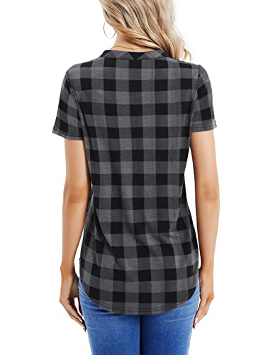 DJT Women's Summer Casual V Neck Blouses Plaid Short Sleeve Button Down Plaid Shirts Tops3