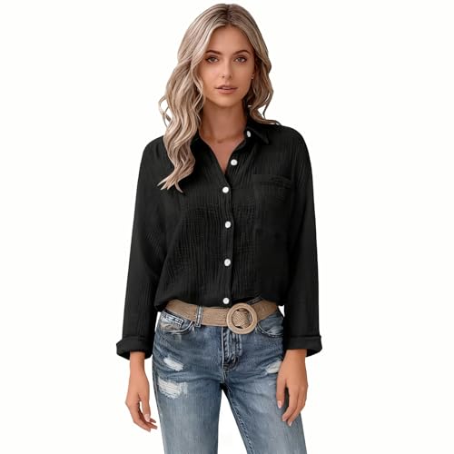 Forhome Schwarze Leinenbluse Damen Langarm,Elegante Musselin Bluse mit...