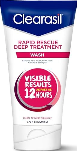 Clearasil Rapid Rescue Deep Treatment Acne Face Wash, Maximum Strenght with 2% Salicylic Acid Acne Medication, Acne Facial Cleanser, 6.78 fl oz