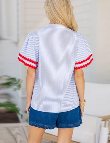Yeokou Womens Striped Shirt V Neck Short Puff Sleeve Cotton Pullover Top Casual Summer Button Down Rickrack Blouse4