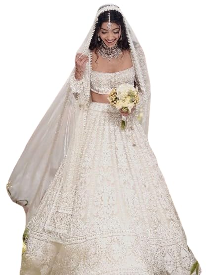 Image of Fashion Basket Embroidered Sequin Butterfly Net Babydoll Bridal Lehenga Set, White
