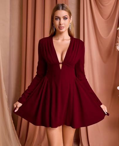 XinFSh Women's Sexy Fall Long Sleeve Mini Dress V Neck A-Line Corset Short Party Cocktail Dresses3