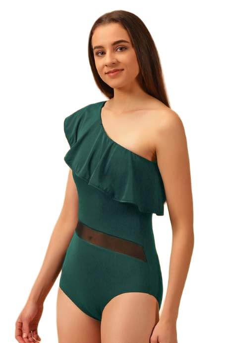 Emerald Green Ruffles Swimsuit | One-Shoulder Women’s Swimwear | Emerald Green Beachwear-image-28