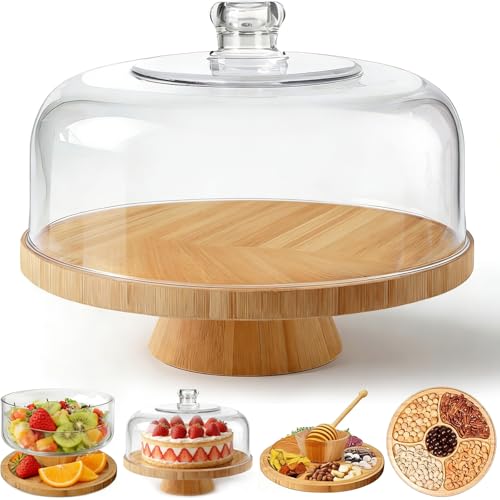 1ZIZIFA8 Bamboo Cake Stand with Acrylic Dome Lid - 6-in-1 Multi-Function - Large Serving Platter Cheese Board Appetizer Tray Dessert Display Stand with Cover for Parties Weddings Kitchen
