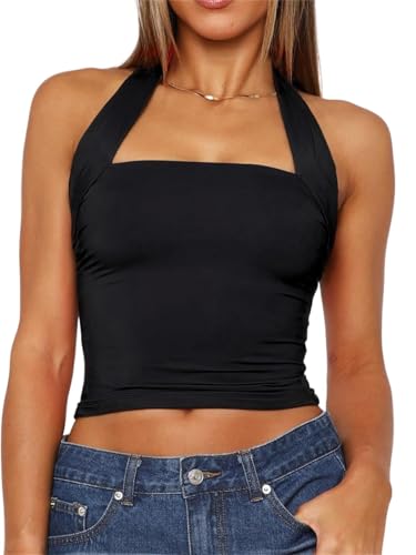 TiulZial Women Sexy Halter Neck Backless Tank Top Open Back Sleeveless Slim Fit Y2k Summer Tops(Black,S)