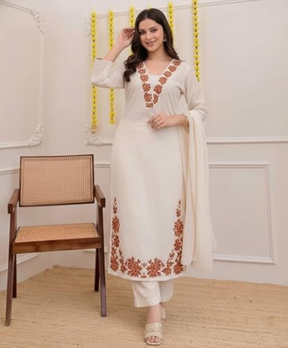 Image of ANNI Designer Pure Cotton Embroidered Kurta Set for Women | Rust Orange Kurta with Pants & Dupatta | Floral Neck & Hem Embroidery | Cotton Kurta Set for Women | 10 Colour Options Available
