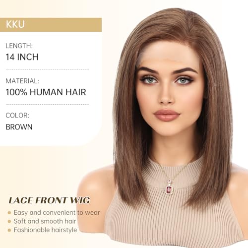Image of KKU 100% Human Hair Lace Front Wig for Women- Pre-Plucked Natural Hairline, Side Part Brown Wig, 14 Inch, Soft & Natural Hair for Daily Use