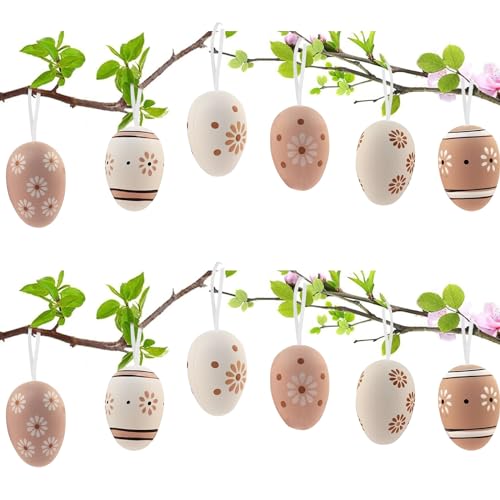 Zkaoai Ostereier zum Aufhängen, 12 Stück Osterdeko mit Tollen Ostereier Deko mit Schnur zum Aufhängen Draussen, Plastik Ostereier Easter Ostern Deko Eier Osterdekoration Innen Outdoor Osteranhänger