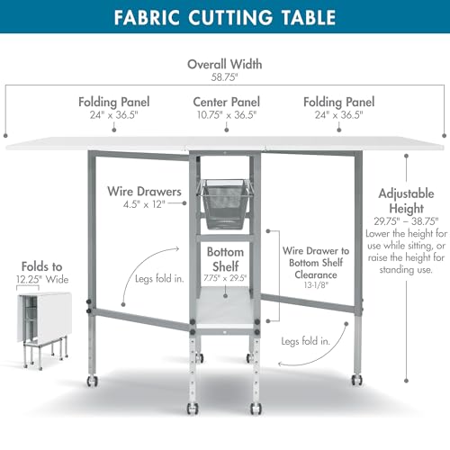 Sew Ready Hobby and Cutting Table - 58.75" W x 36.5" D White Arts and Crafts Table with 2 Mesh Storage Drawers, Silver/White