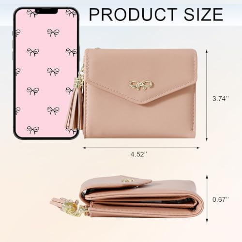 Sunwel Fashion Girls Wallet Cute Coquette Bow Small Zipper Coin Wallet Aesthetic Card Holder ID Window with Tassel Charm for Women (PINK)4