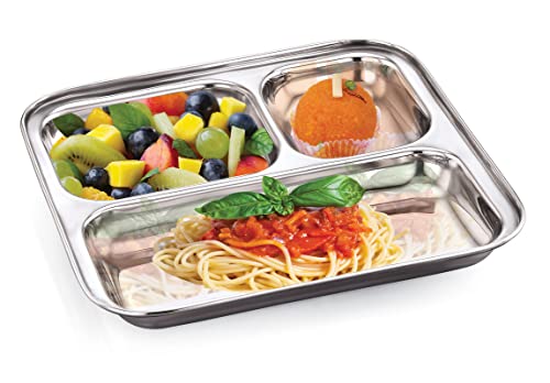 Image of Expresso - Heavy Duty Stainless Steel Square Small Dinner Plate with 3 Sections Divided Mess Trays for Kids Lunch, Camping, Events & Every Day Use Kitchenware (Shinchan)