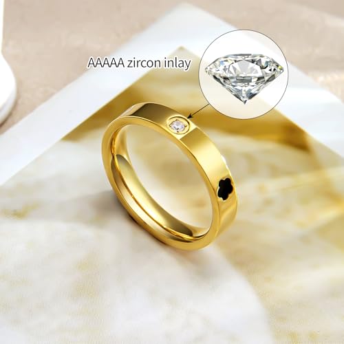 AmorArtSky 18k Gold Five Leaf Clover Dainty Inlaid Zircon Ring for Women:Fashion Lucky Five Leaf Love Promise Rings Stainless Steel Wedding Band Promise Ring Jewelry Birthday Gifts for Women3