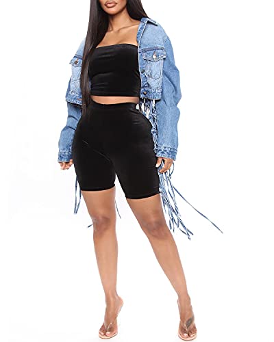 RINTONIX Womens Loose Long Fringe Distressed Denim Jacket Cropped Button Down Ripped Back Knotted Jean Coat3