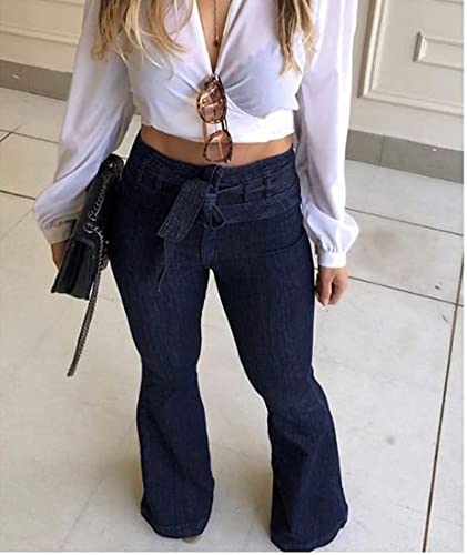 xxxiticat Women's Bell-Bottom Denim Jeans High Waist Bow Knot Lace Up Bandage Wide Leg Flared Jeans Floor Length Trouser4