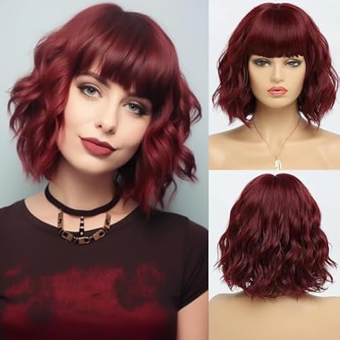 BESTUNG Short Wavy Wine Red Wig with Bangs Cover
