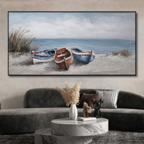 lianyibo Peinture à l'huile sur toile représentant des bateaux, affiche nordique abstraite, bord de mer, plage, bateau, décoration murale, 70 x 140 cm, sans...
