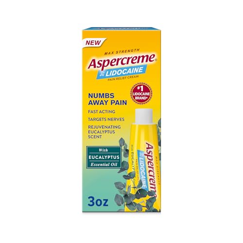 Aspercreme Essential Oils Lidocaine Pain Relief Cream Max-Strength Lidocaine Numbs Away Nerve Pain Moisturizing Aloe Hydrates Skin Eucalyptus 3 Oz.